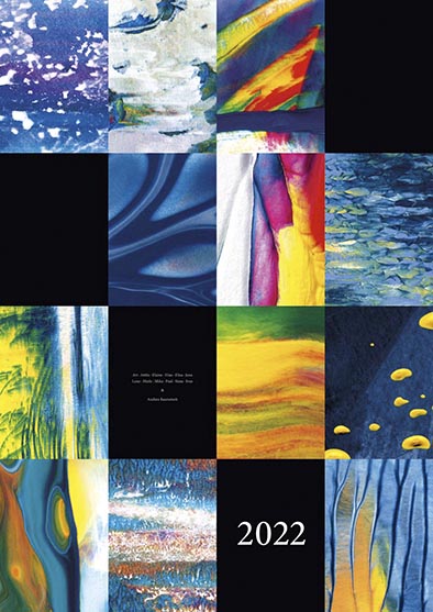 Farbenfrohe Titelseite des Kinderkunstkalenders 2022: eine lebendige Collage aus leuchtender, abstrakter Kinderkunst, die Hoffnung, Kreativität und Lebensfreude ausstrahlt