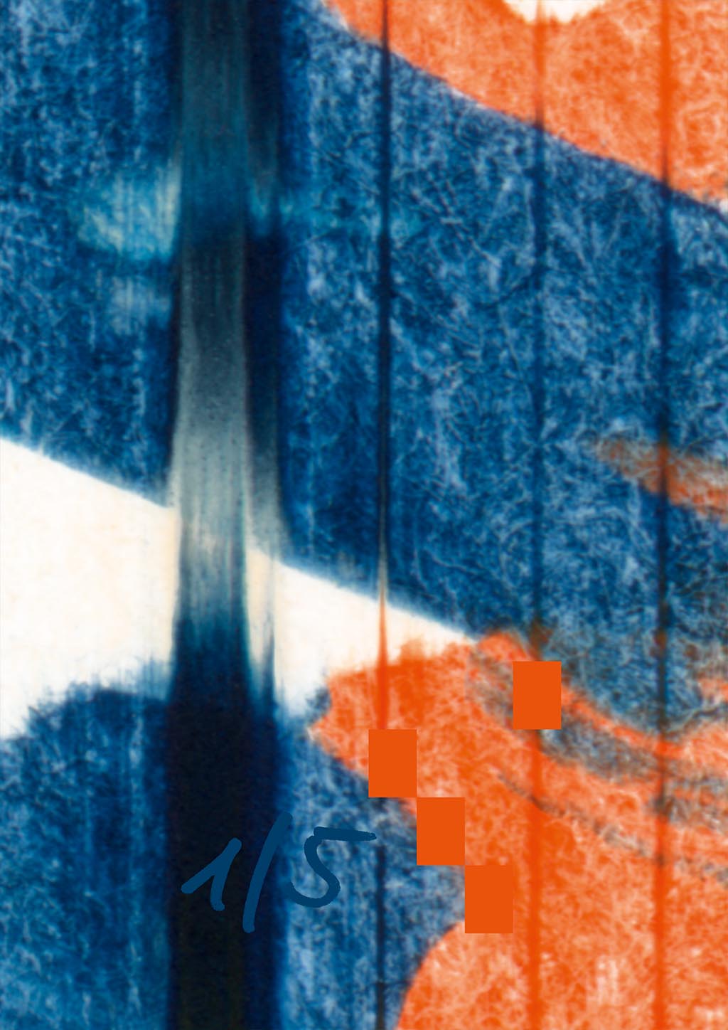 Ausschnitt aus Kunstwerk #2402 mit Signatur von Andrea Baumstark und Nummerierung 1/5, zeigt abstrakte blaue und orange Muster