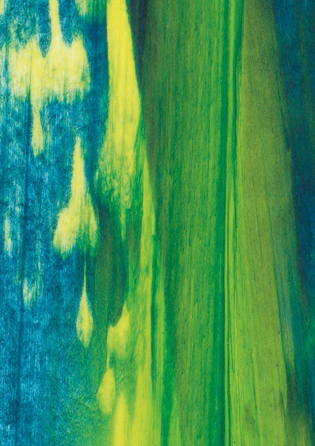 Detail des abstrakten Kunstwerks #2405 mit einem Mix aus Blau- und Grüntönen, ergänzt durch leuchtend gelbe Formen.
