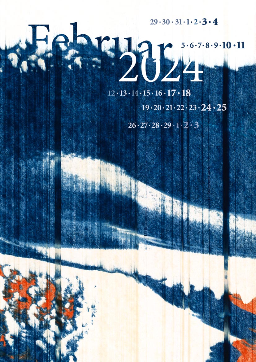Blau-weißer abstrakter Hintergrund mit Farbspritzern aus dem 'Kinderkunstkalender Wohltat' und darauf das Kalenderblatt für Februar 2024 mit Datumsangaben. Gestaltet von Andrea Baumstark und Merle.
