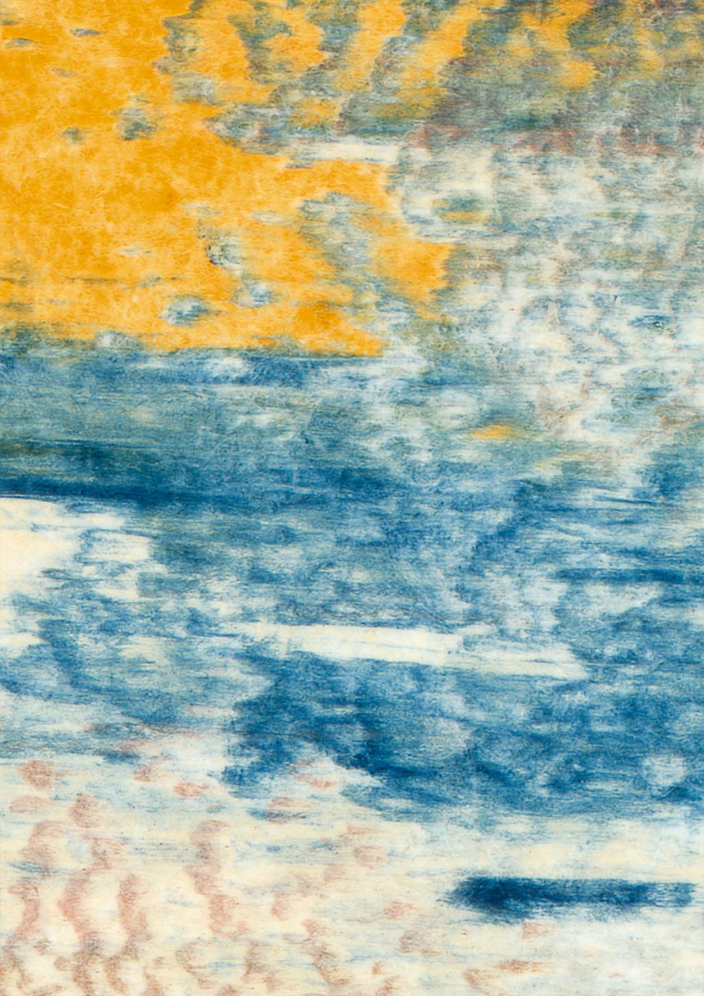 Ein Ausschnitt aus dem Kunstwerk #2409, das durch abstrakte Muster in Blau und Gelb an Wolken erinnert.