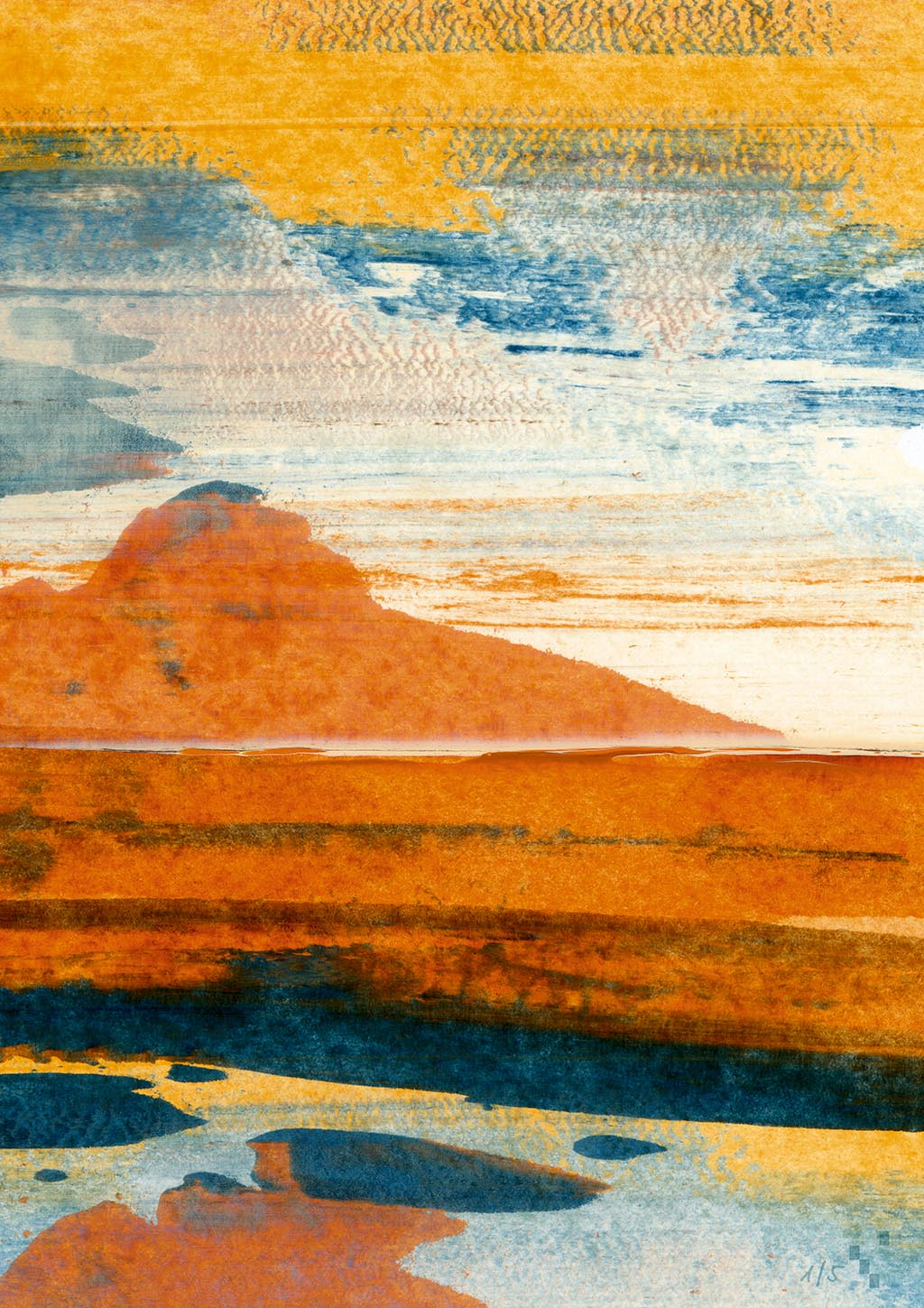 Kunstwerk #2409 zeigt das September-Motiv aus dem Kinderkunstkalender Wohltat 2024 und erinnert an Landschaft in Blau-, Gelb- und Orangetönen.