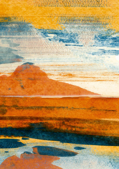 Kunstwerk #2409 zeigt das September-Motiv aus dem Kinderkunstkalender Wohltat 2024 und erinnert an Landschaft in Blau-, Gelb- und Orangetönen.