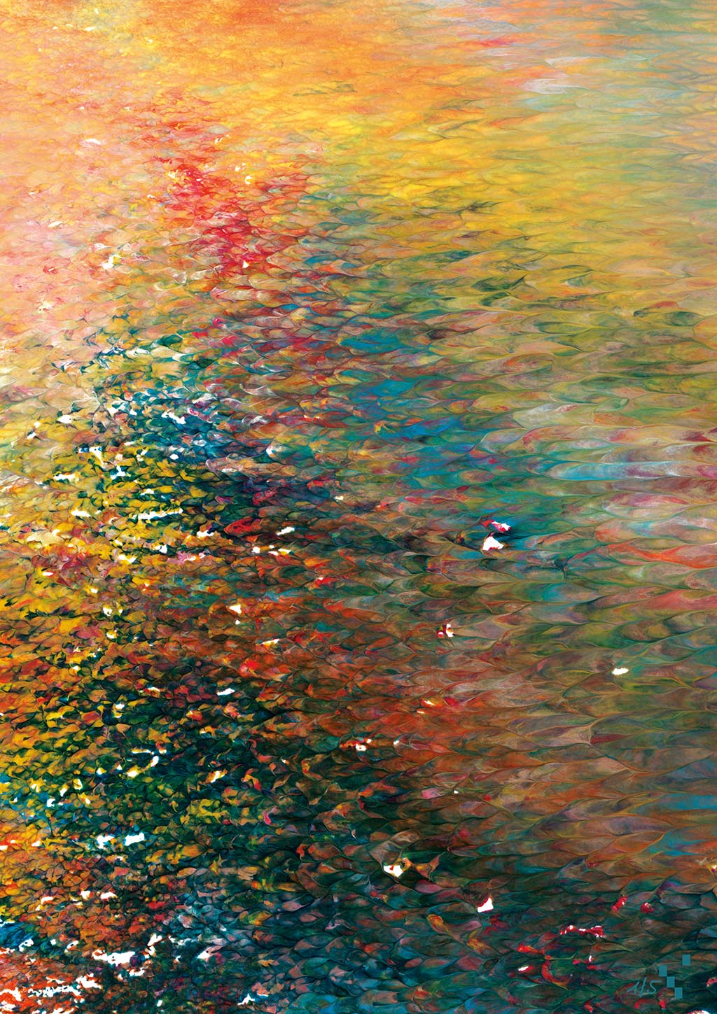 Das Oktober-Motiv aus dem Kinderkunstkalender Wohltat #2024: Ein Abstraktes Bild in Herbstfarben, das an den Malstil von Monet erinnert.